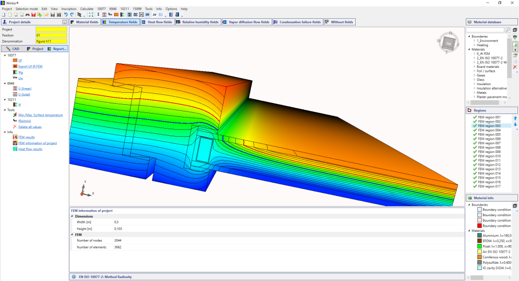 FEM thermal bridge calculation in WINISO with colored isotherms