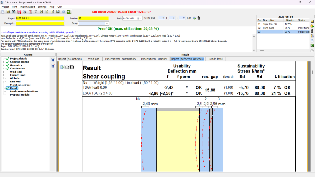 GLASGLOBAL proof of fall protection glazing according to DIN 18008 with deflection, stress and utilisation