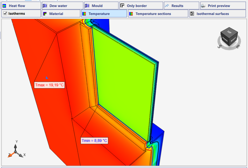 WINISO 3D temperature evaluation of a window junction with minimum and maximum temperatures