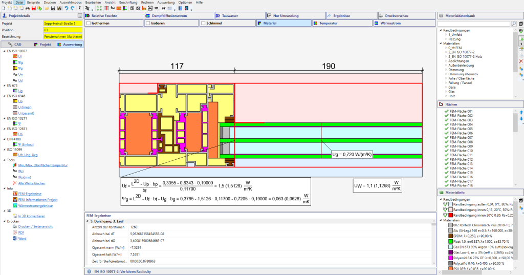 WINISO 2D Berechnung von Uf-, Ψg- und Uw-Werten für ein Fensterprofil
