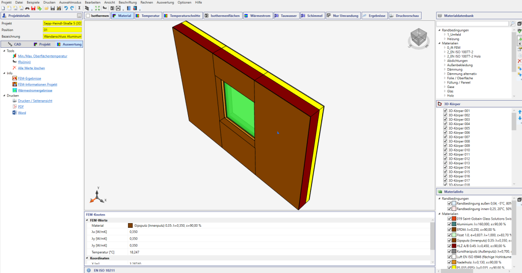 WINISO 3D FEM-Modell eines Aluminium-Wandanschlusses mit Fenster