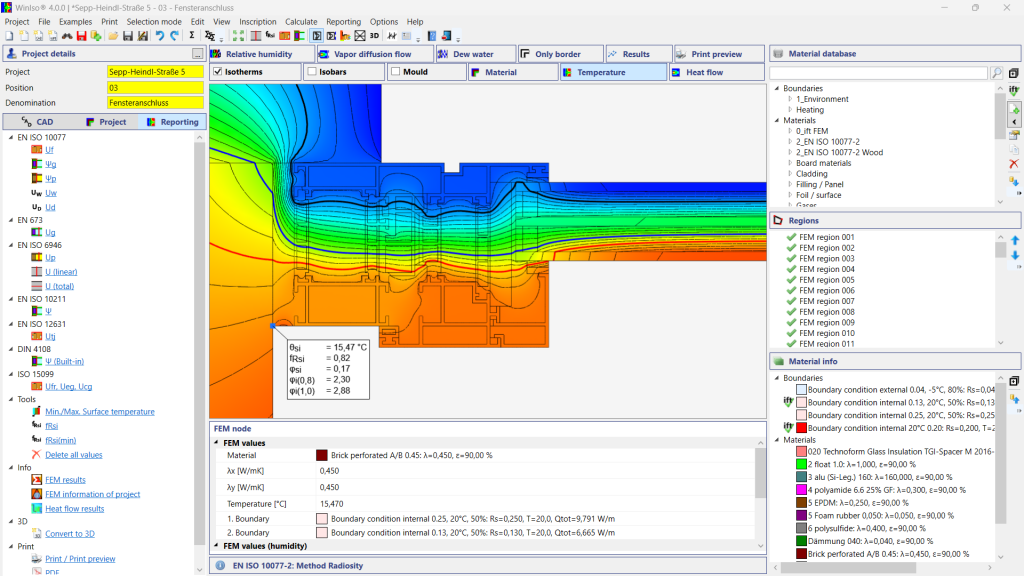 WINISO FEM evaluation of a thermal bridge with isotherms and temperature distribution